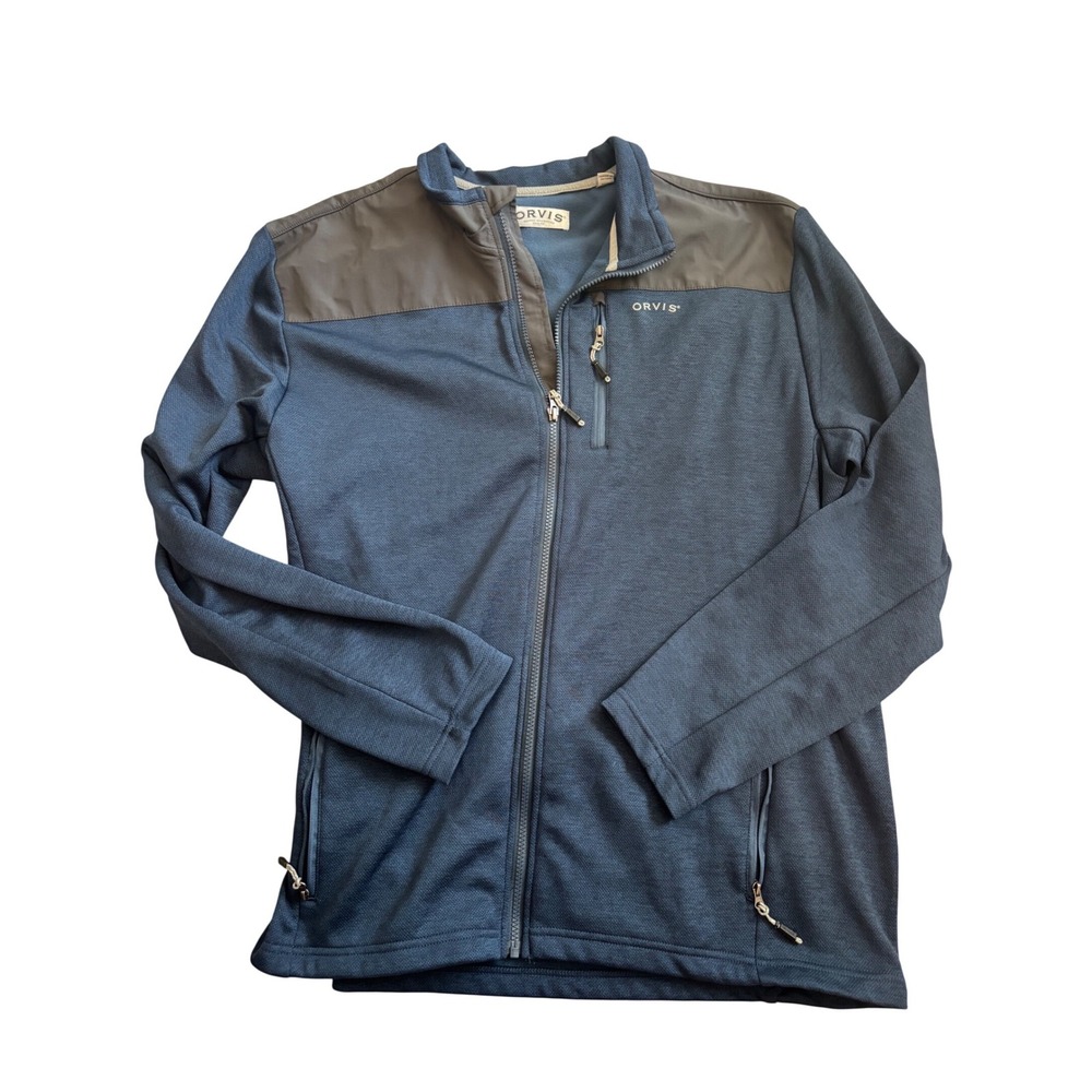 Orvis Full Zip Jacket Mens XL Blue Textured Fleece Mixed Media Outdoor Hiking